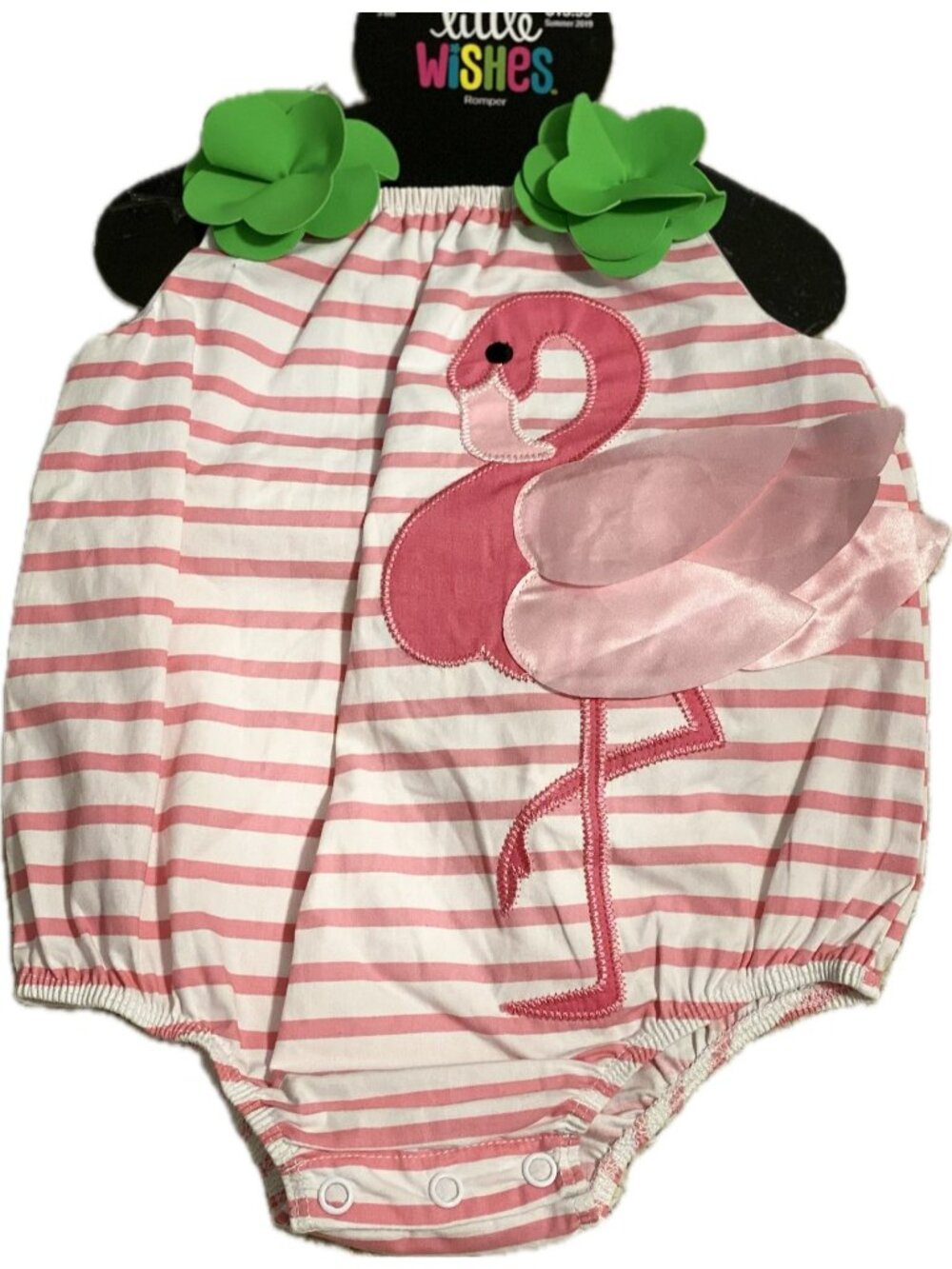 Little Wishes pink white stripe flamingo bubble romper applique 3-6m NWOT